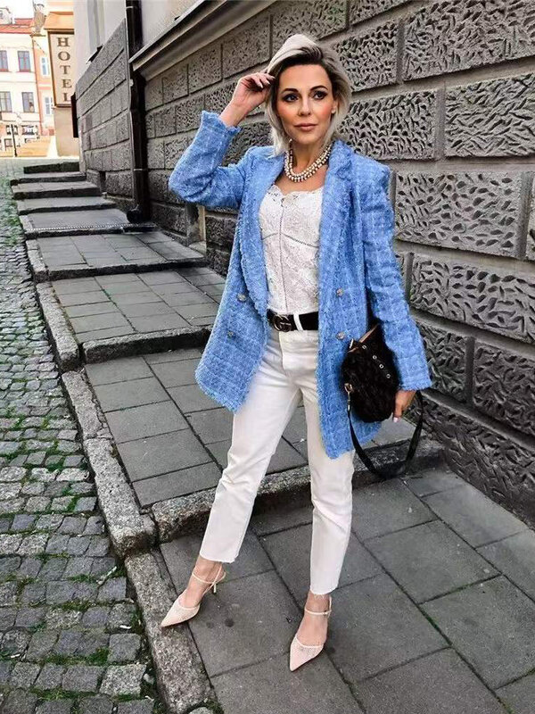 Tweed donna elegante Blazer blu 2021 moda donna Vintage Blazer allentato giacche Casual donna Streetwear abiti ragazze Chic
