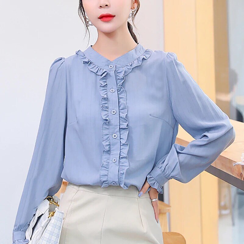 Moda volantes Mujer Tops Blusas cuello blusa gasa Oficina Mujer camisa De manga larga Blusas Elegantes De Mujer 2021