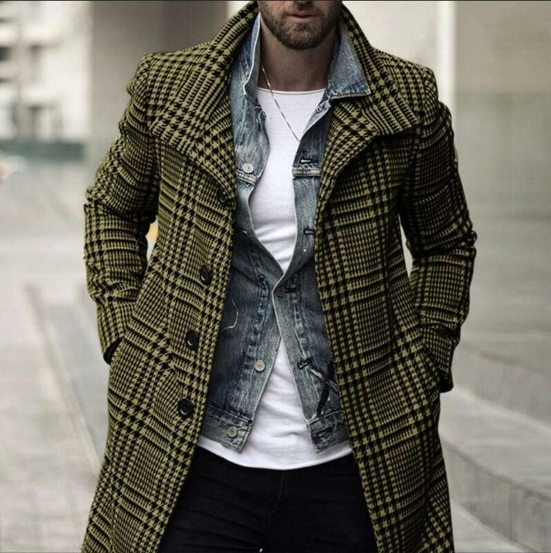 Модные шерстяные пальто в клетку, мужское осенне-зимнее новое пальто с отложным воротником, Мужское пальто средней длины и куртка