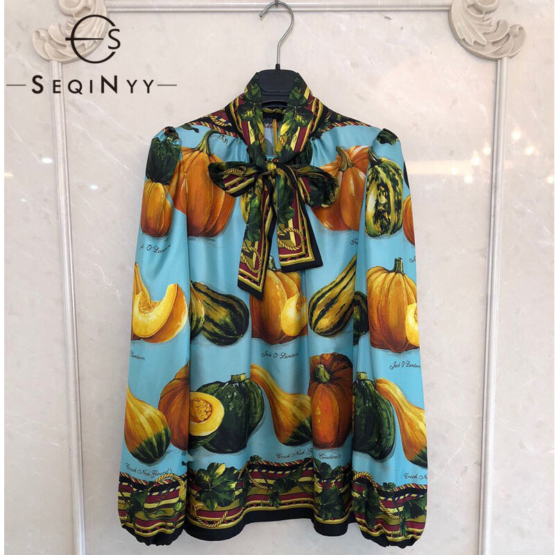 Seqinyy blusa de sarja de seda 2020, novo design da moda para primavera e outono, lanterna de abóbora de dia das bruxas, retrô e solto com laço de camisa