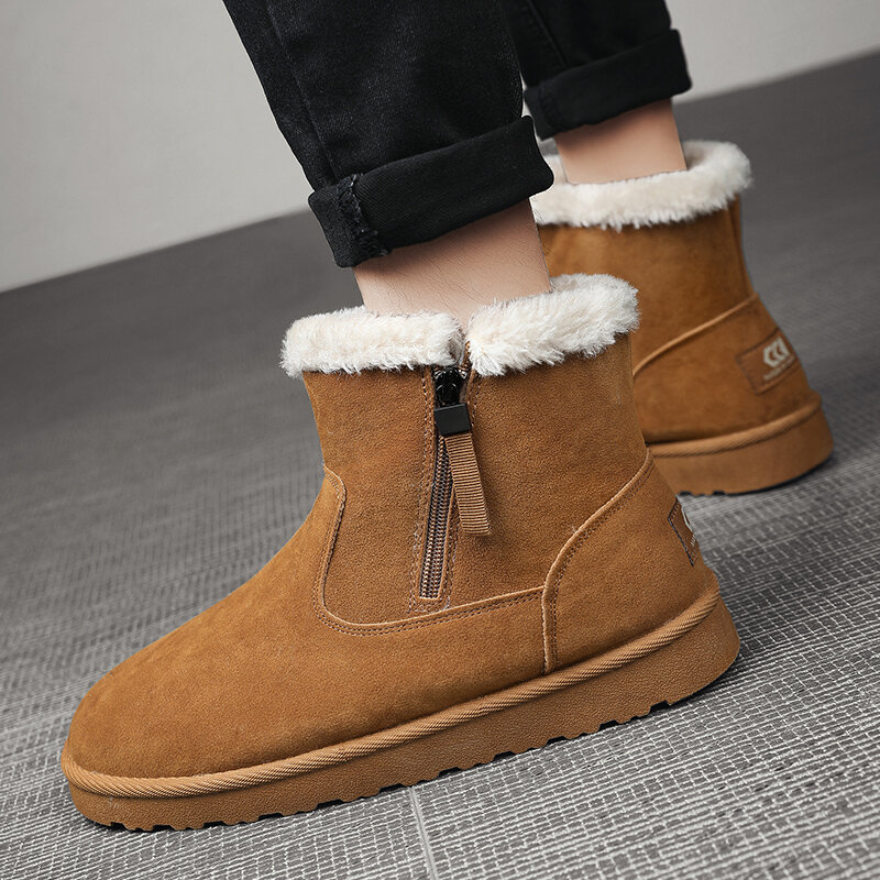ข้อเท้า Suede ฤดูหนาวหิมะอบอุ่นแบนขนสัตว์รองเท้าสำหรับชายน้ำหนักเบาซิป Boot ขนาด5สีน้ำตาล Boot Plush ...