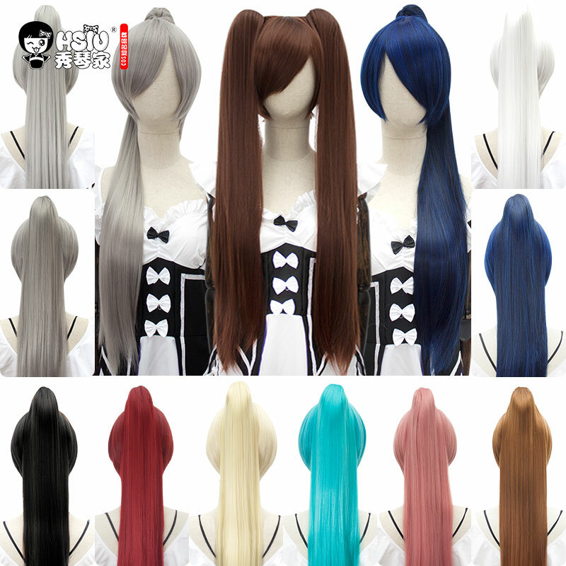 HSIU 80Cm Long Staight Ponytail Clip Cosplay Wig high temperature fiber Synthetic Wigs Anime Party Ponytail Party wigs 14 color