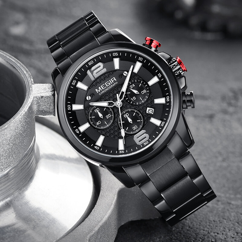 MEGIR – montre-bracelet de Sport pour hommes, marque de luxe, entièrement en acier, à Quartz, lumineuse, étanche, chronographe, horloge militaire