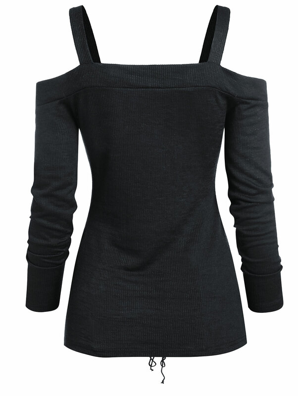 Gotyckie damskie t-shirty na co dzień zimne ramię sznurowane z przodu prążkowane T-Shirt jednokolorowe z długim rękawem damskie stylowe topy Tee