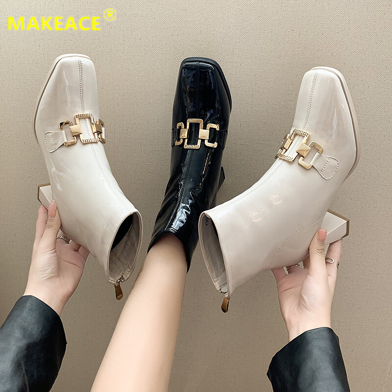 Women's Shoes Autumn Short Tube High Heel Women's Boots Leather Foot Naked Boots Cool Square Toe Metal Accessories Fashion Boots