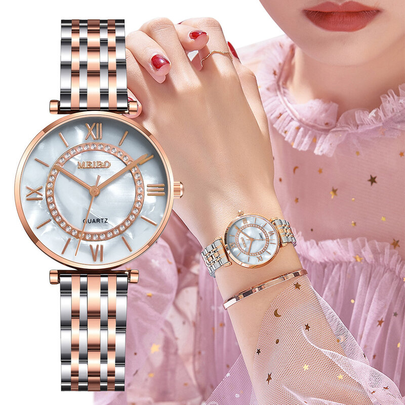 Relógio de pulso feminino moda vogue meibo, relógio de aço inoxidável casual de quartzo, novo relógio de pulso de luxo para mulheres * a