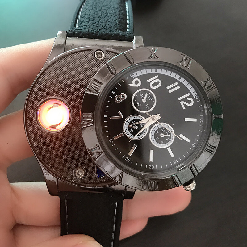 Męskie zegarki lżejsze zegarki kwarcowe wojskowe ładowanie USB F665 gorące sporty casualowe zegarki na rękę wiatroodporna zapalniczka zegar mężczyźni