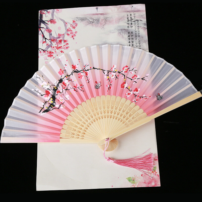Abanico de estilo chino para chica y mujer, accesorio plegable de seda de encaje para fiesta de boda, baile, fotografía, arte