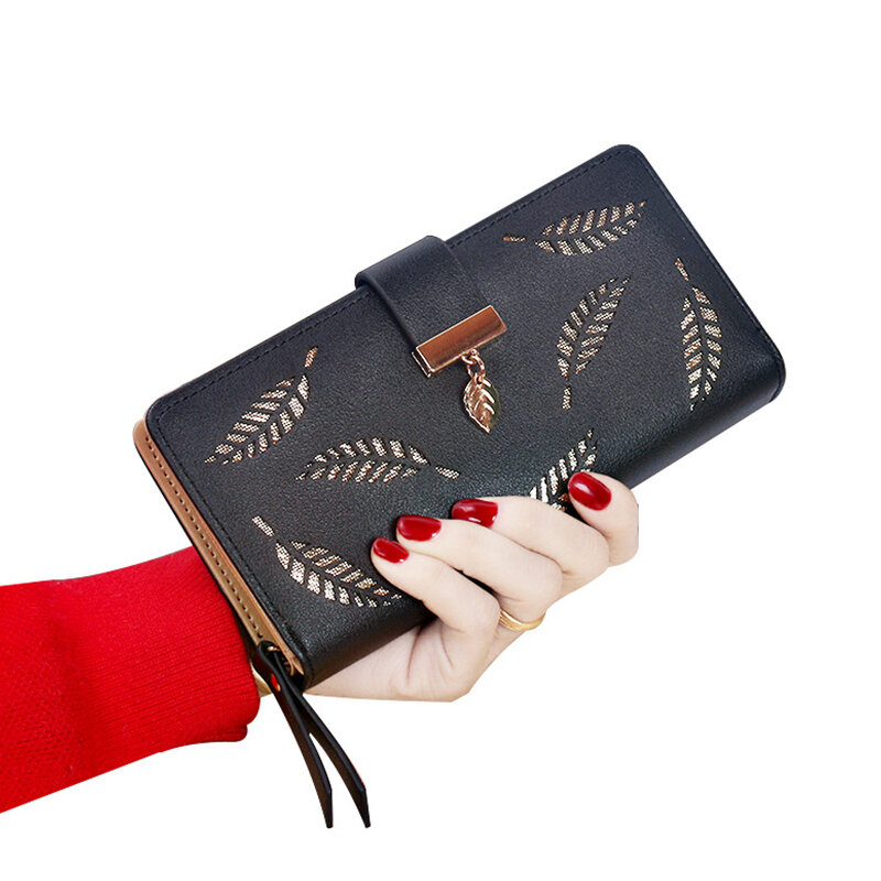 Moda wklęsły liść portfele damskie Casual portfel ze skóry Pu solidny kolorowy zamek błyskawiczny portfel multi-card kobieta torba na karty Lady Clutch