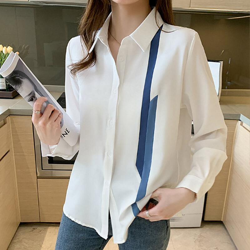 Женская шифоновая блузка с отложным воротником, осенняя рубашка популярного цвета, 2021