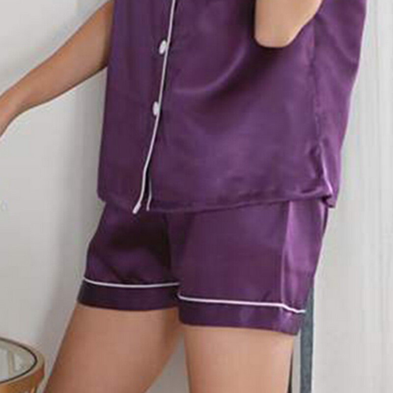 CALOFE 2020 New Spring Summer Women Faux Silk Pajamas Set Simple Pure Color Leisure Nightwear Short Sleeves Sleepwear