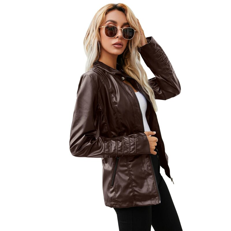 2021 Women Autumn Leather Jacket, Solid Color Stand-Neck/Hooded Long Sleeve Zipper-Front Casual Coat for Girls, 3 Colors