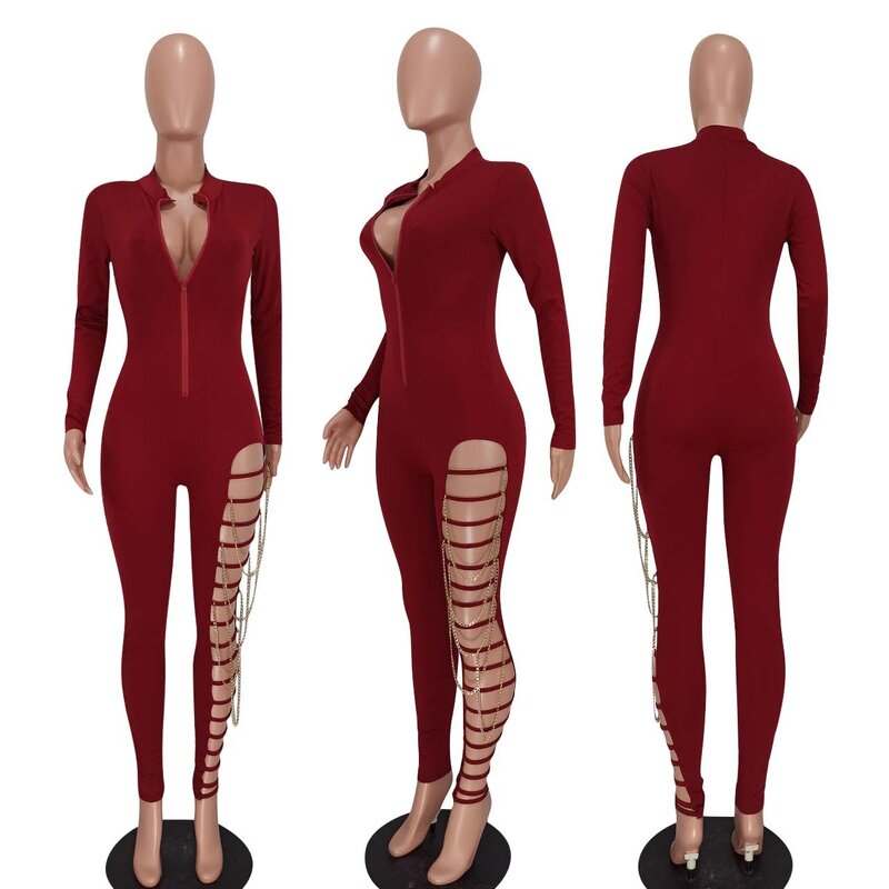Sexy Women Jumpsuit Hollow Out Deep V-neck Full Sleeve Bandage Bodycon Slim Long Romper Women Jumpsuit Overalls