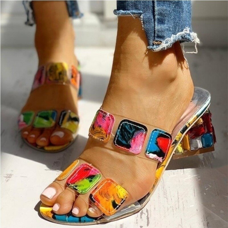 Sandalias de tacón cuadrado Para Mujer, zapatos de cuña multicolor, Punta abierta, Para Verano