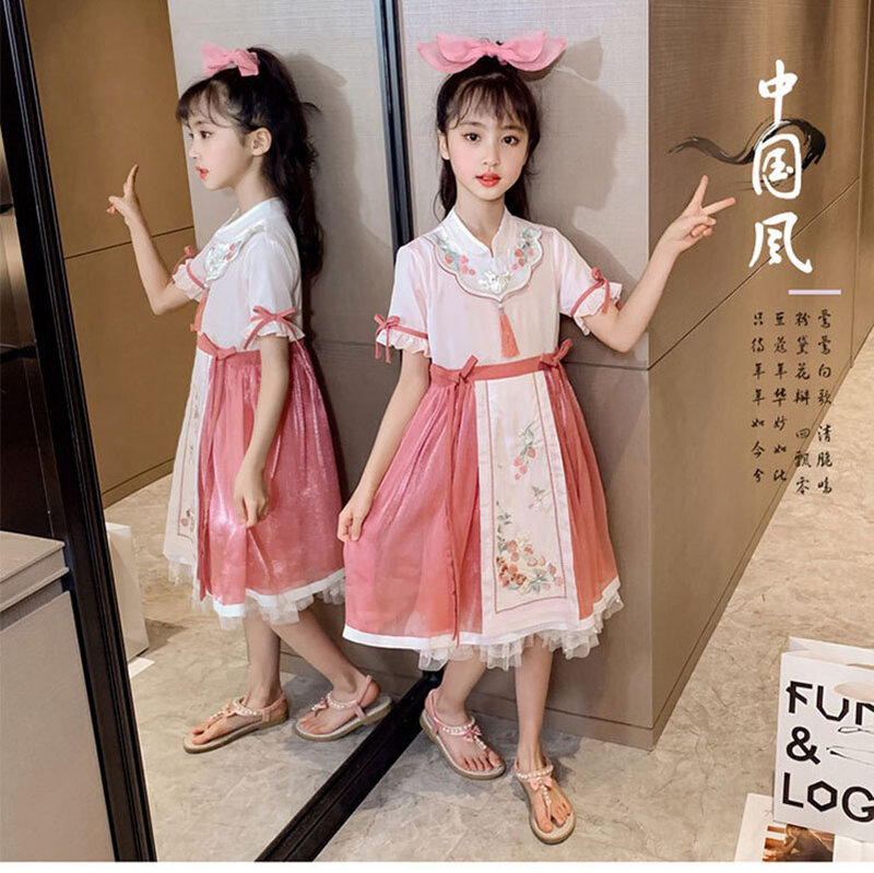2021 Mùa Hè Mới Hanfu Cổ Bé Gái Phong Cách Dân Tộc Trung Quốc Retro Thêu Hanfu Lưới Gạc Váy Con Giữa Công Chúa