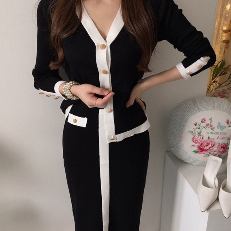 Coréia elegante o-neck único-breasted contraste camisola de malha + cintura alta bodycon mid-length saia duas peças conjunto elegante feminino
