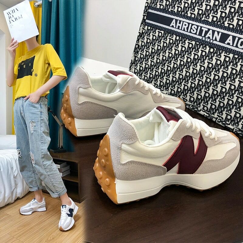 Zapatillas deportivas de suela gruesa para mujer, zapatos informales antideslizantes en forma de N, color rojo, moda de primavera, 2021