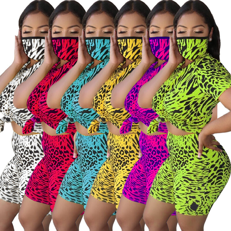 Conjunto feminino de duas peças com estampa de leopardo, camisa de manga curta, top e shorts bodycon, calções de verão, conjuntos para combinar com clube, 2020