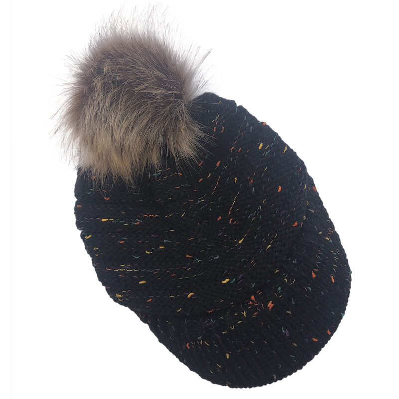 Bonnet en tricot côtelé avec visière et pompon pour femme, chapeau chaud, ample, avec câble, avec visière, hiver