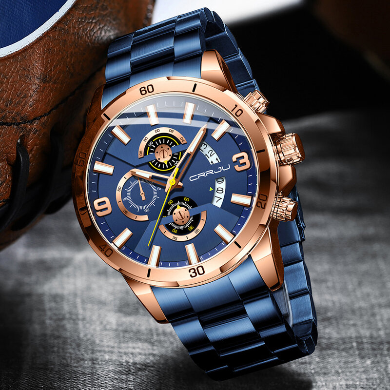 Crrju moda de luxo relógio masculino marca superior esportes cronógrafo relógio de pulso 316l aço inoxidável à prova dwaterproof água relógio de quartzo homem relogio
