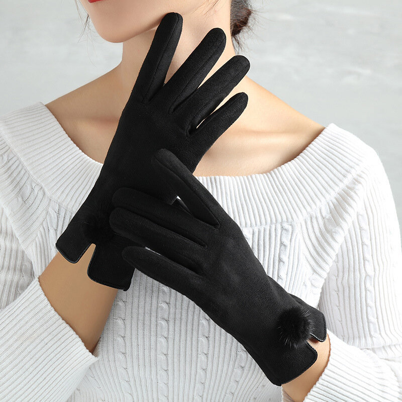 ฤดูหนาว Slim หน้าจอสัมผัส Windproof ถุงมือผู้หญิง Vintage Full Finger Warm Suede ถุงมือหญิง Guantes Mittens