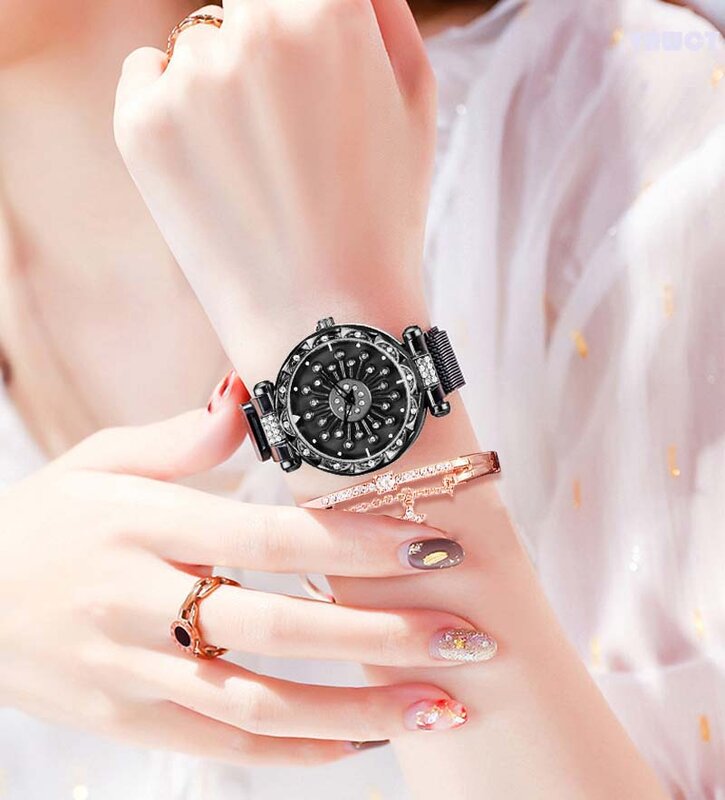 Reloj de lujo con esfera de cielo estrellado para mujer, relojes de diamante, reloj de cuarzo informal + pulsera, Zegarek Damski