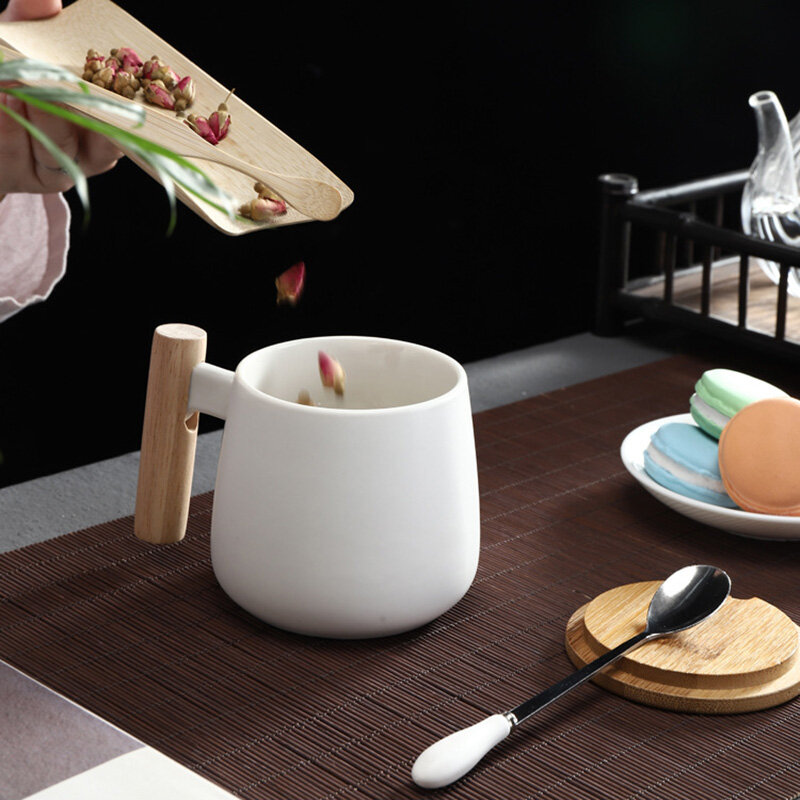Taza de café de cerámica con mango de madera de estilo nórdico, taza y cuchara de gran capacidad, taza de leche, Tazas de oficina para el hogar