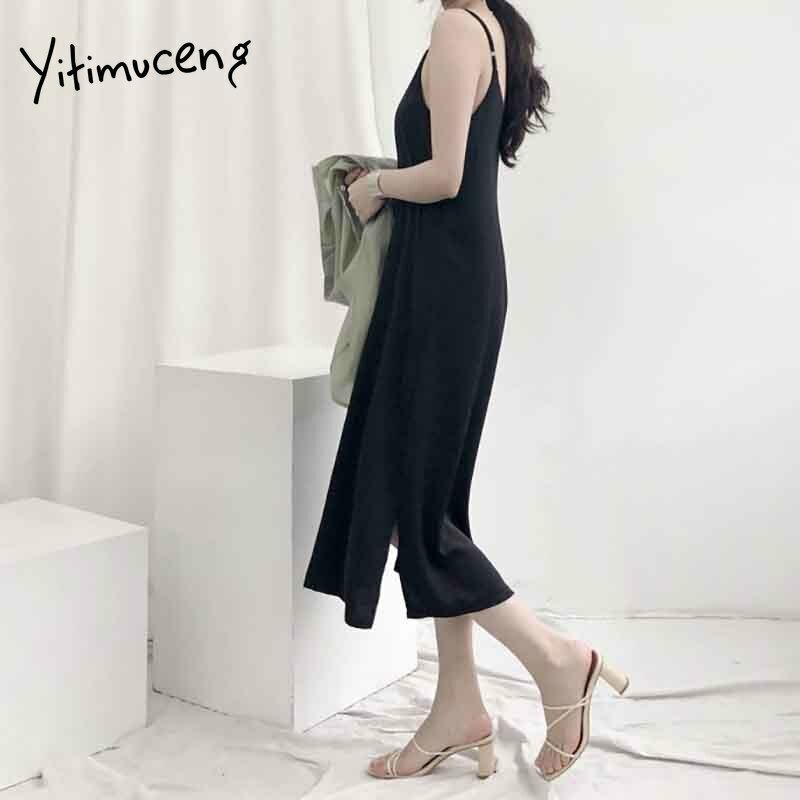 Yitimuceng vestido vintage mulher sem mangas cinta de espaguete noite preto roxo damasco maxi vestidos verão 2021 moda francesa
