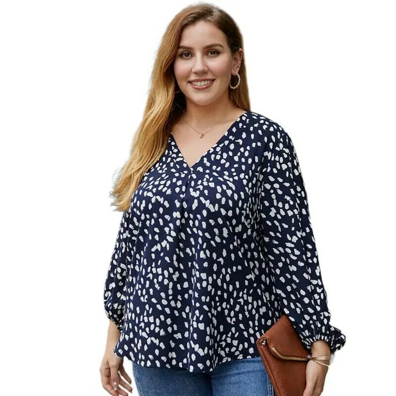 Women Lantern Sleeve Leopard Dot Loose Shirt Sexy V-Neck Flowy Tunic Tops 4XL X3UE