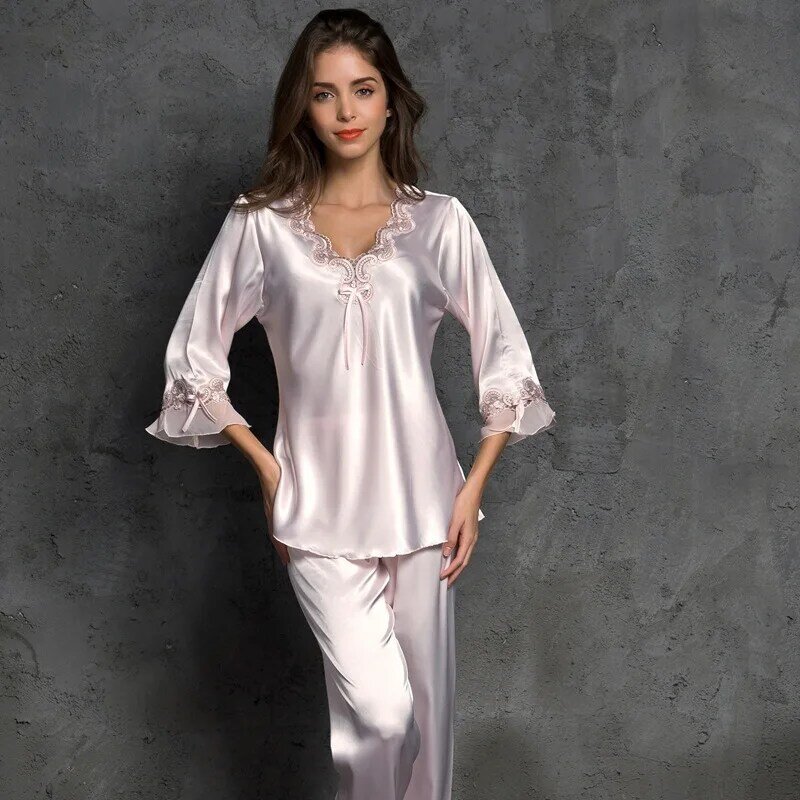 High Quality Comfortable Deep V Women Home Wear Women Sexy Silk Pajamas  2021 Summer New Satin Pajamas Fashion Sleepwear