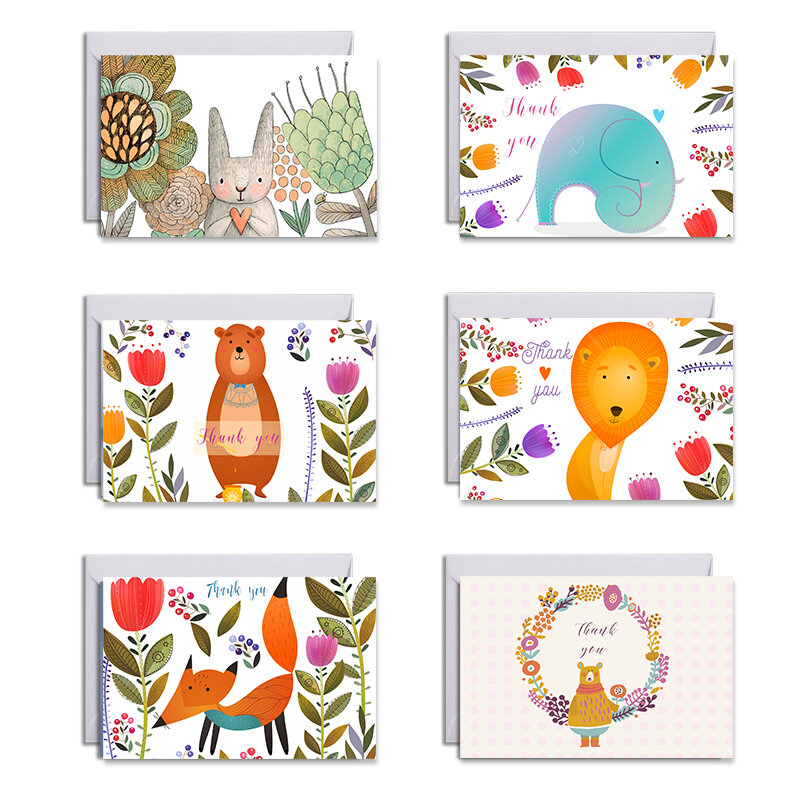 6 juegos/Paquete de tarjetas de agradecimiento de animales florales, tarjeta de felicitación del Día de Acción de Gracias con pegatinas de sobre, tarjetas de nota en blanco, tarjeta de regalo interior