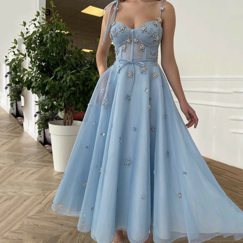 A-Line Party Dresses Crystals Tea-Length Short Formal Gowns Mesh Net Tulle Prom Dresses Baby Blue Spaghetti Straps