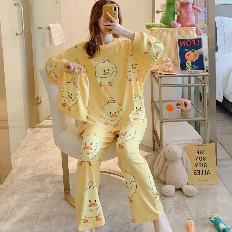 Conjunto de pijamas de flanela feminino, pijamas grossos de pato pequeno amarelo com gola redonda, roupas para dormir