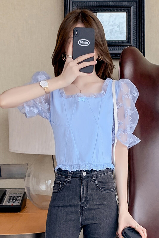 Blusas femininas pescoço quadrado 2021 verão nova coreano blusa de renda camisa superior manga curta puff fino flores blusa feminina 06f