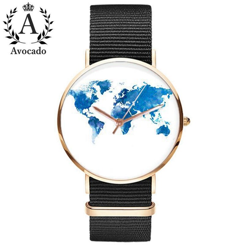 Neue Frauen Welt Karte Uhr Schwarz Leinwand Band Quarz Bewegung 3 Hände Rose Damen Armbanduhren