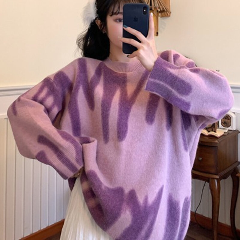 Sweter Rajutan Cetakan Wanita Elegan Pullover Kebesaran Bergaris Hijau Sweater Panjang Longgar Musim Dingin Wanita Pakaian Jalanan Sueter Mujer