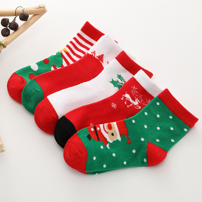 Осенне-зимние рождественские носки для мальчиков и девочек Детские хлопковые носки в полоску с рисунком снежинок, оленей, Санта Клауса, мед...