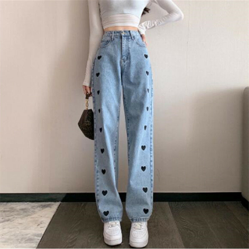Jeans Lurus Wanita Ukuran Plus Celana Denim Pinggang Tinggi Kaki Lebar Antik Streetwear Celana Panjang Penuh Musim Semi Musim Panas