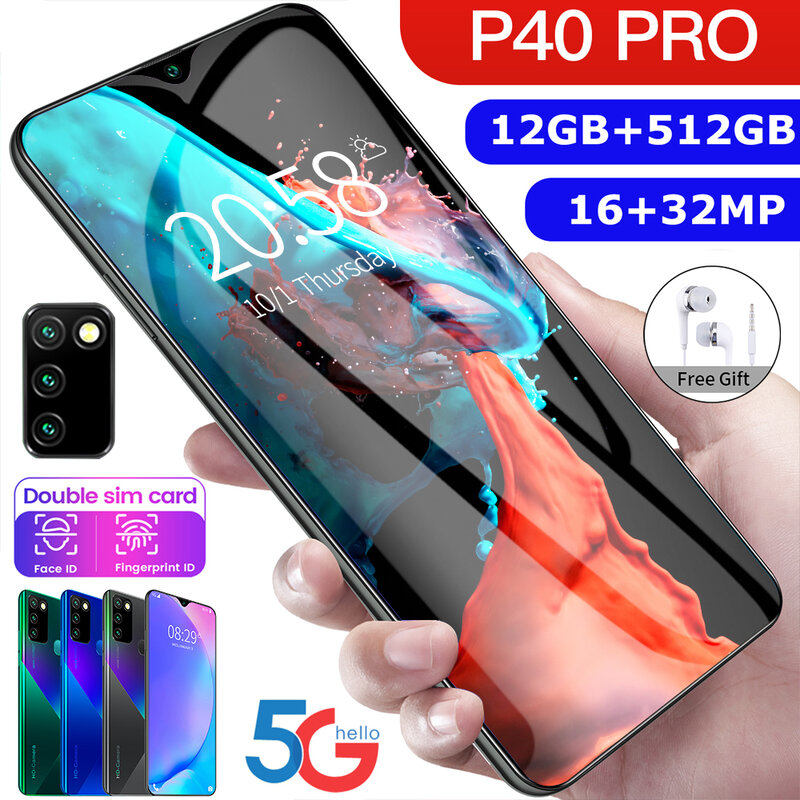 Nova versão p40 pro 5g smartphone 6.8 Polegada 12gb + 512gb rosto/impressão digital desbloqueio duplo sim telefone smartphone 16 + 32mp