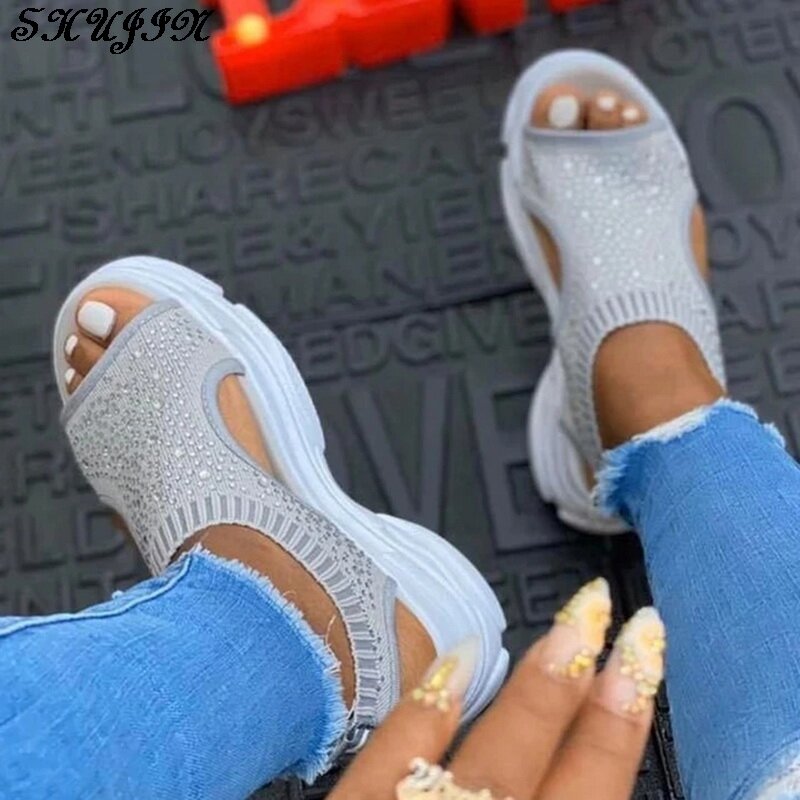 Sandalias deportivas con adorno de cristal para mujer, zapatos cómodos transpirables, sin cordones, para verano