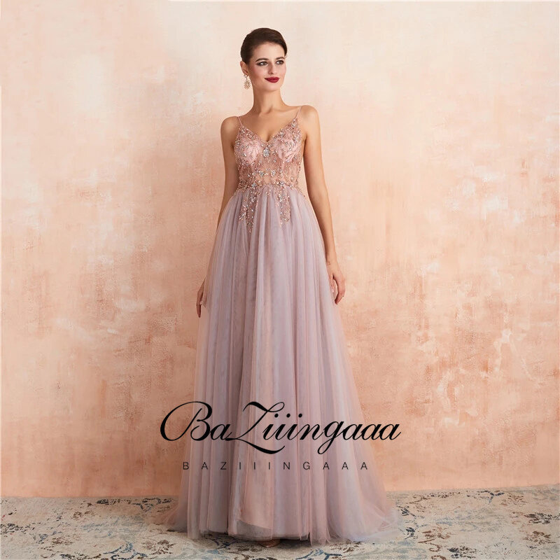 Dark Pink Prom Dresses Long 2021 V Neck Beading High Split Tulle Sweep Train Sleeveless Evening Gown A-Line Backless Vestido De