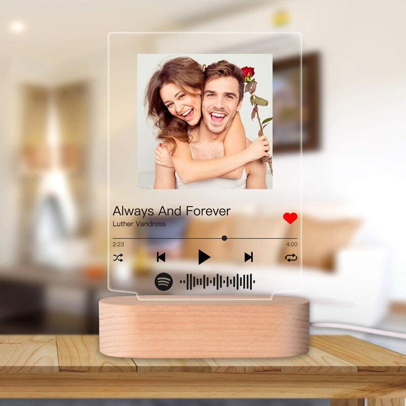 Customized Acrylic Photo Music Album Cover Wooden Base Night Light Personalized Spotify Scan Code Song Poster Artist Name Plaque