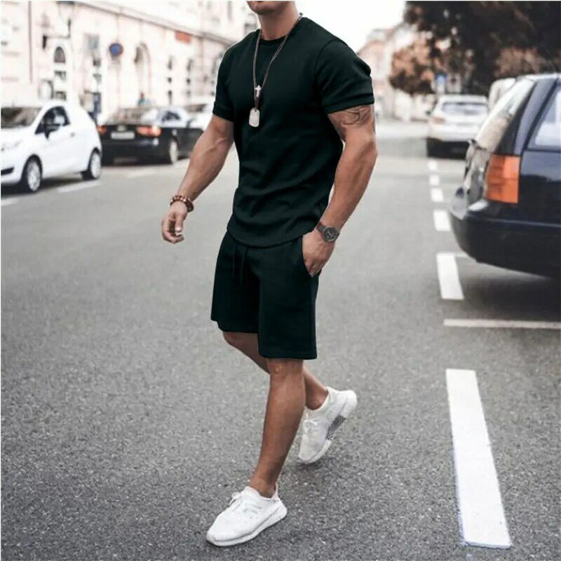 Calções de fitness masculinos verão de manga curta camiseta 2 peças conjunto solto tendência em torno do pescoço casual terno esportivo xl M---5XL