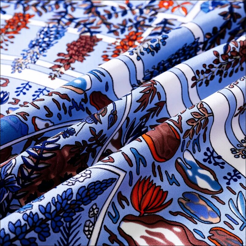 Pañuelo cuadrado con estampado de flores, bufandas de seda de sarga 100% enrolladas manualmente, de diseñador, 90x90cm