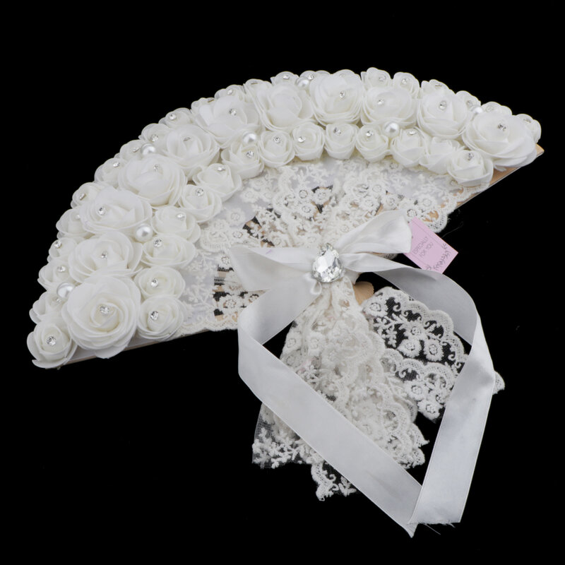 Spitze Rose Blumen Design Kunststoff Folding Hand Fan (Weiß)