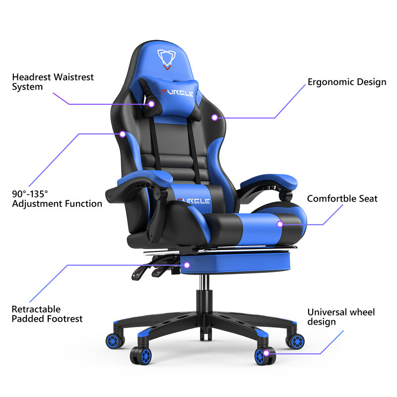 Furgle-silla de oficina de carreras para Gaming, sillón ergonómico de escritorio, reclinable, de cuero PU, para ordenador, reposacabezas, reposabrazos y pie