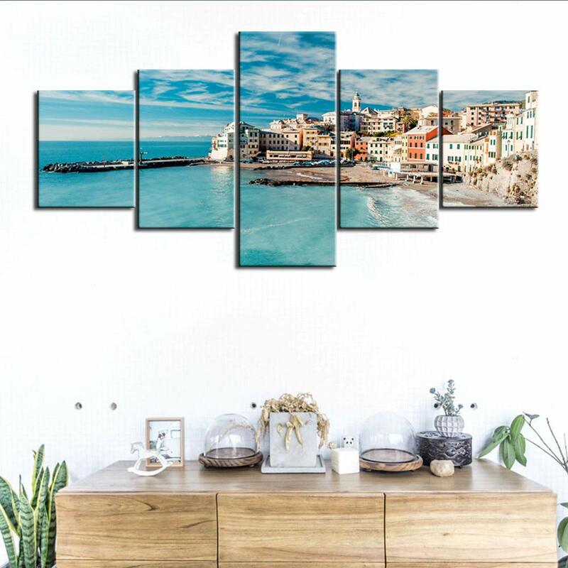 Villaggio di pesca vista sul mare 5 pannelli stampa artistica italia ligpaesaggio pittura Poster soggiorno tela arte moderna parete decorazioni per la casa