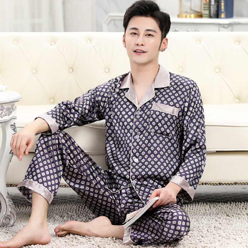 Пижамный комплект, имитация шелка, Пижама для мужчин, удобная мягкая ночная рубашка с длинными рукавами, топы, брюки, комплект одежды для сна...