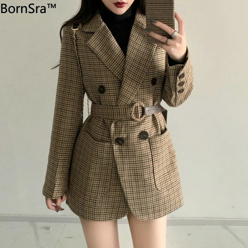 BornSraเกาหลีลายสก๊อตผู้หญิงทำงานBlazerแจ็คเก็ต2020 Casual Double-Breasted Sashesสูทแจ็คเก็ตหญิงOutwear Slim Blazerหญิง