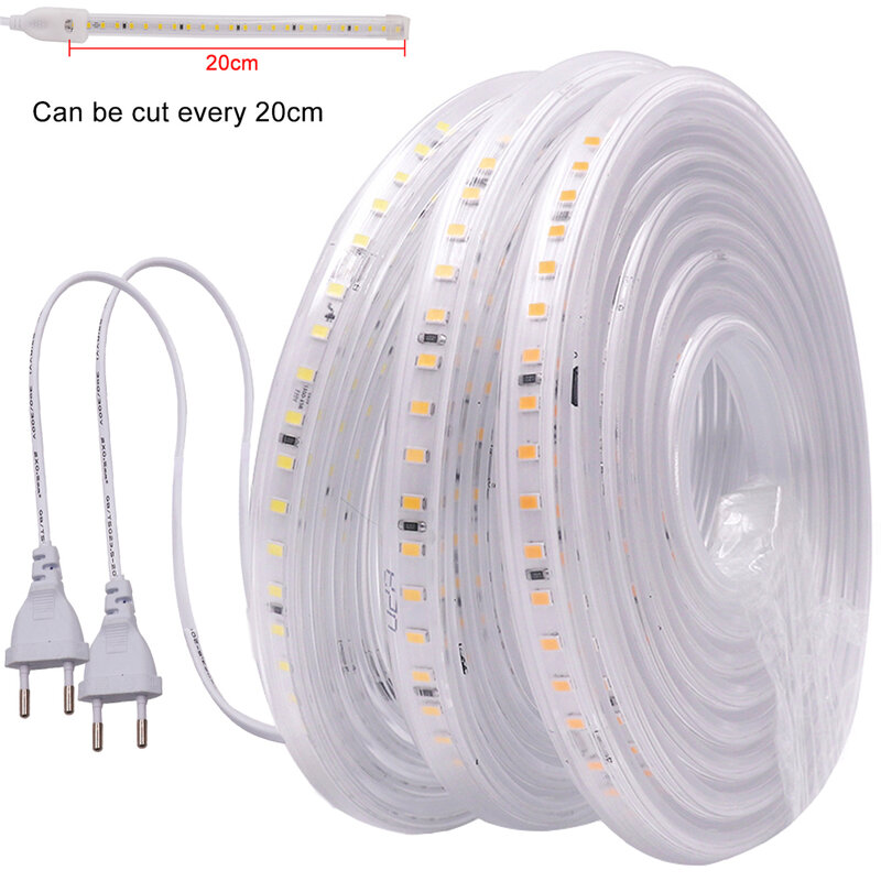 20CM Cuttable LED Strip Lights 2835 SMD 120Leds/m Flexible Tape Ribbon 220V Waterproof Rope Light Stripe No Lead Diode Tape EU